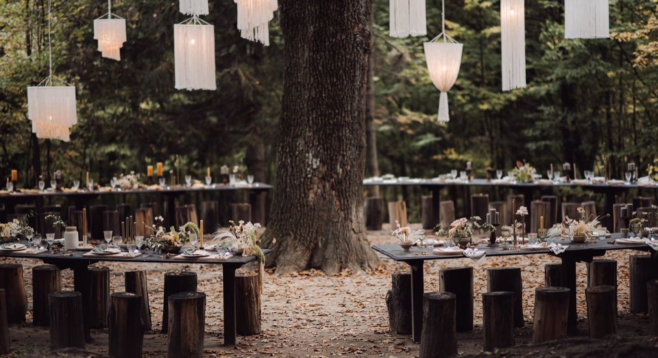 A feast and festival in the forest at dusk